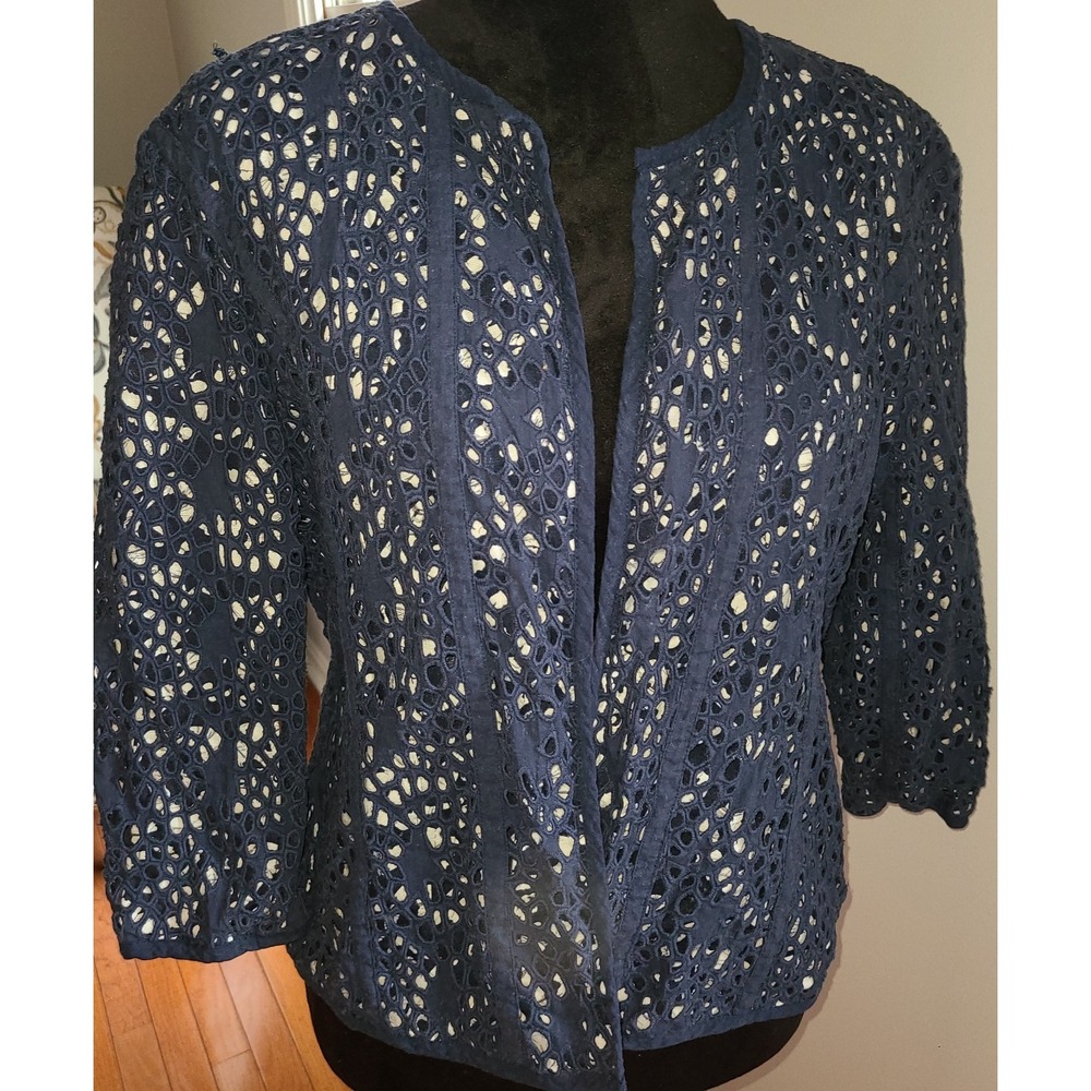 Chico's Navy Lace Jacket Size 2 Lg Navy White Lining Open Front eyelet overlay